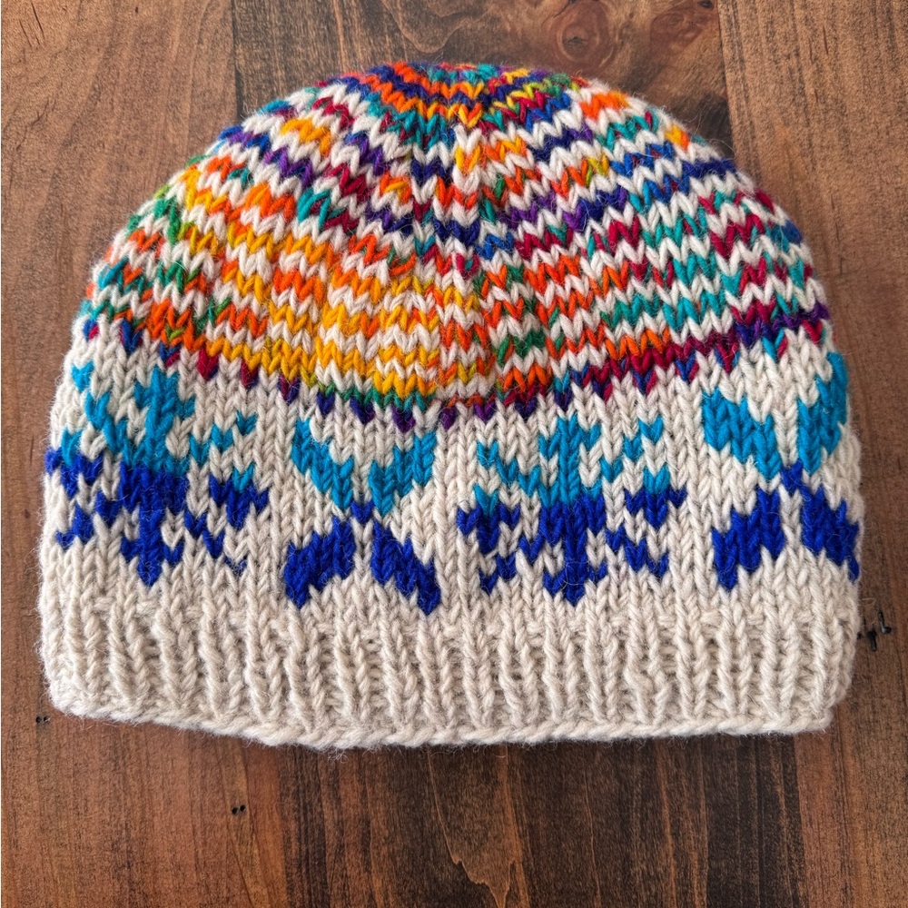 Handmade in Nepal Rainbow Color snowflake motif 100% Wool Hat with Soft Liner